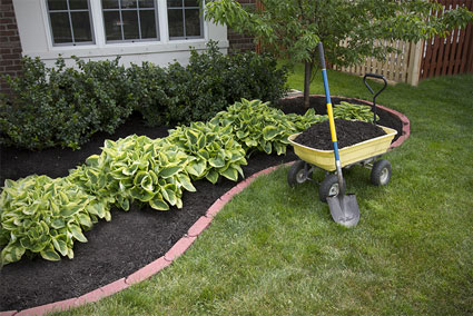 Mulch in wagon with shovel next to newly mulched landscaping
