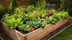A raised garden bed filled with an assortment of vegetables, including tomatoes, lettuce, and peppers, in a sunny backyard