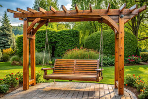 Pergola holding a swing in a backyard