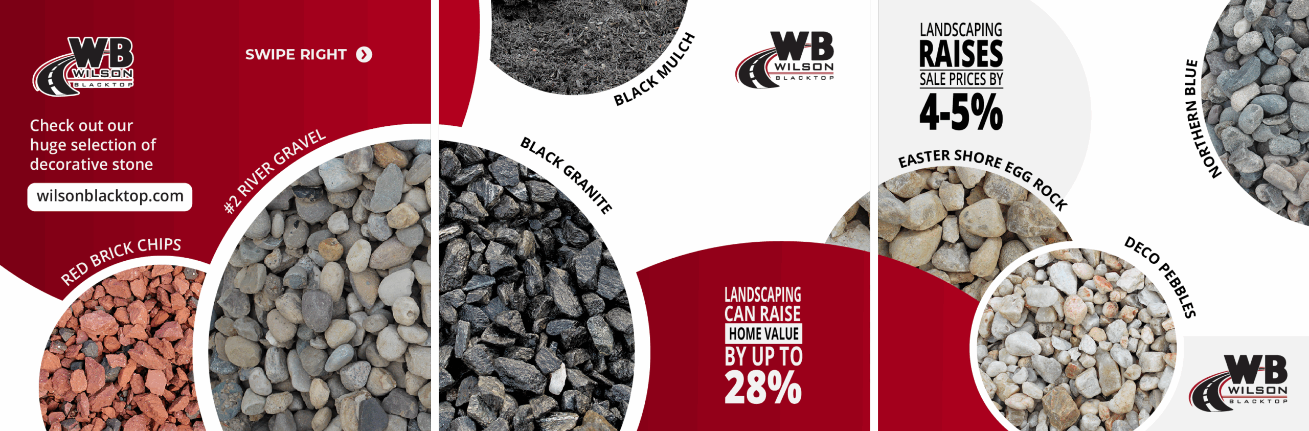 A series of images showcasing different landscaping materials offered by Wilson Blacktop. Materials include red brick chips, river gravel, black granite, and deco pebbles, among others. Descriptions highlight potential property value increases from landscaping. The logo 'Wilson Blacktop' is prominently displayed.