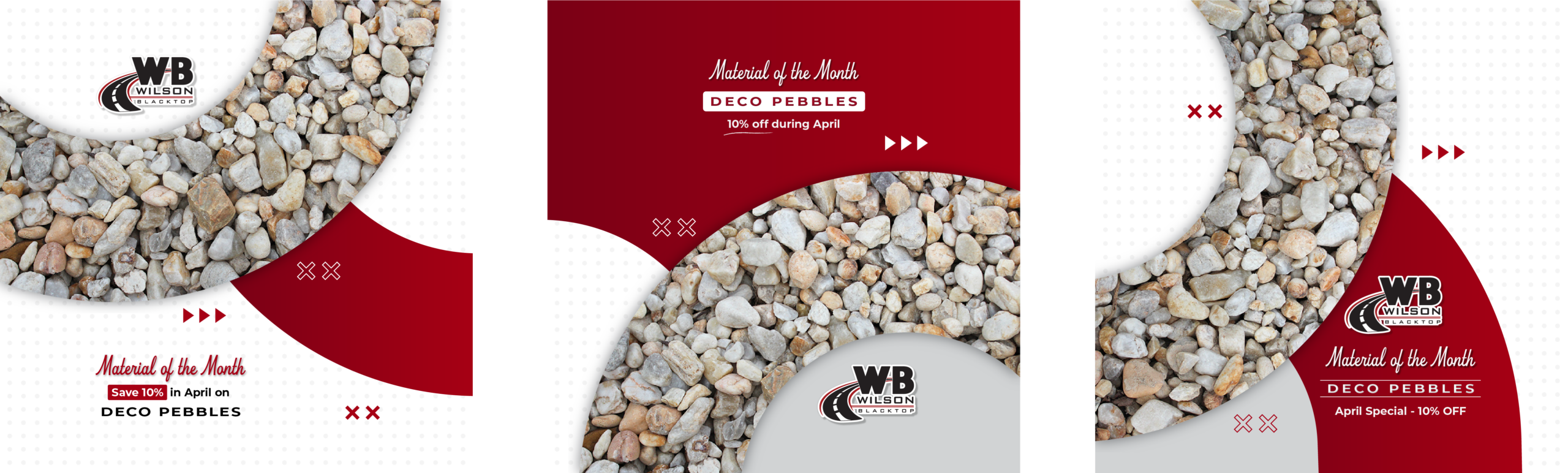 Image with a promotional design for 'Wilson Blacktop,' featuring decorative pebbles arranged in a curving line against a red and white background. Text includes 'Product of the Month,' 'Deco Pebbles,' and '10% off during April' in various sections.